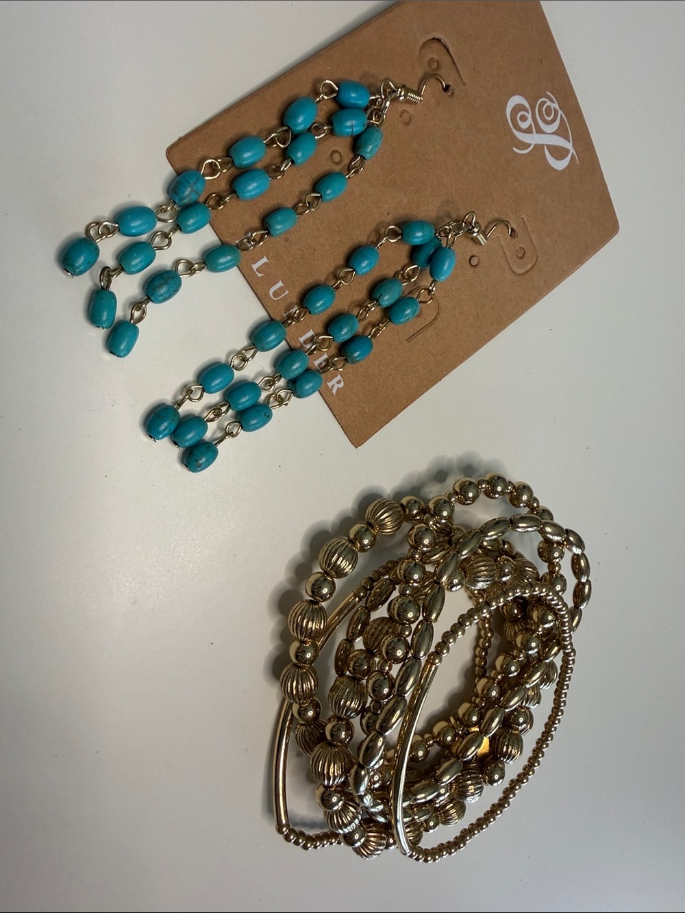 Turquoise Beaded Drop Earrings & 7 Gold Multi-Strand Bracelet Set NEW NWT